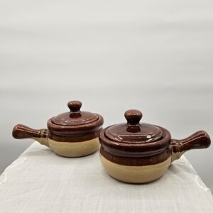 Brown & Tan Vintage Ceramic‎ French Onion Soup Crock with Lids &…